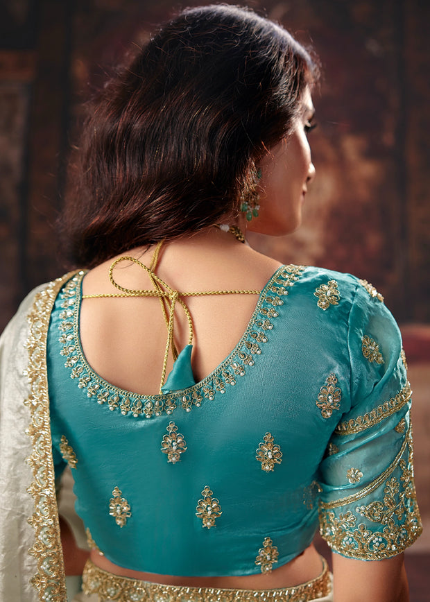 Cream And Blue Designer Satin Silk Saree With Embroidered Blouse