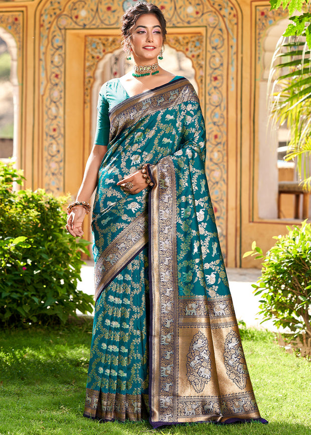 Sherbagh blue Banarasi Shikargah Katan silk saree with gold zari floral jaal