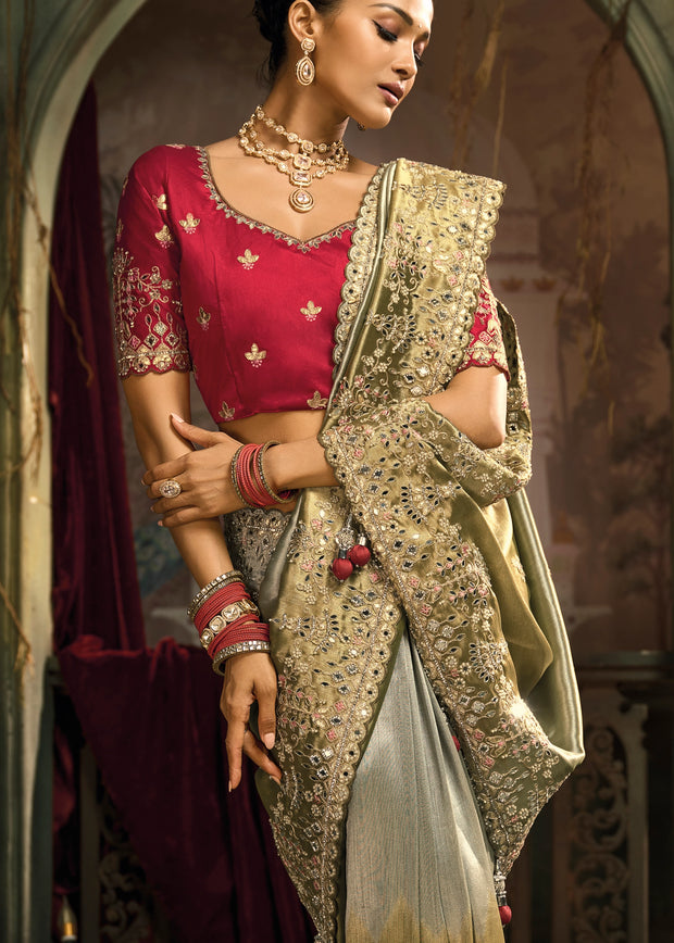 Shine Grey Embroidered Designer Tissue Saree