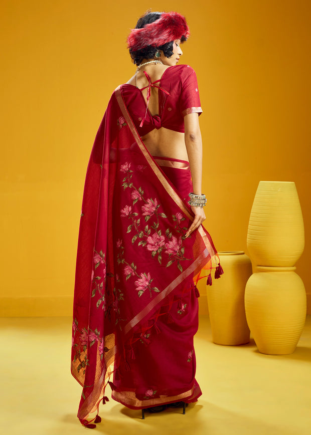 Festive Red Woven Munga Cotton Silk Saree