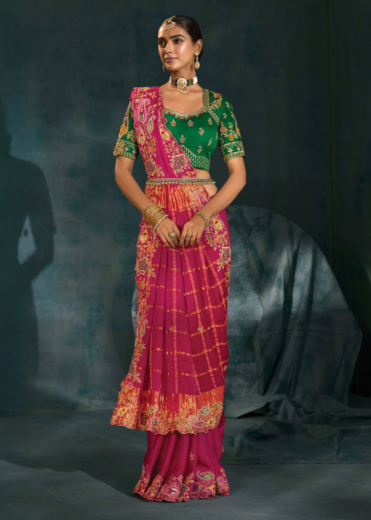 Raspberry Pink Embroidered Designer Tissue Saree