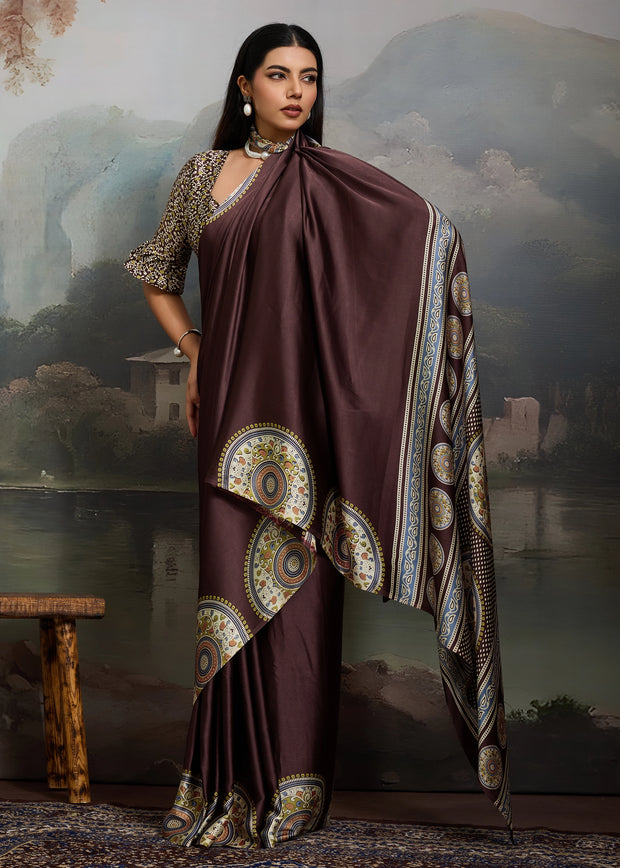 Chocolate Brown Printed Satin Silk Saree
