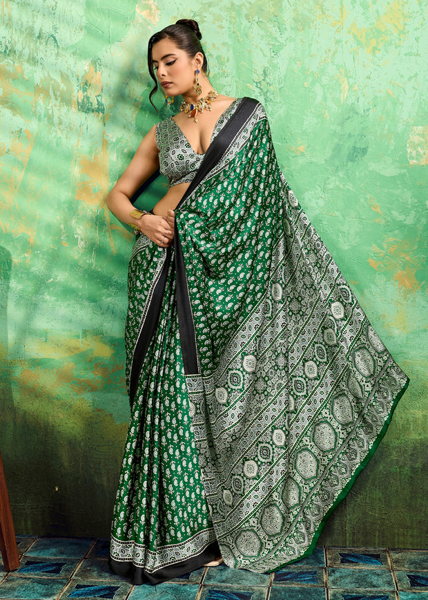Forest Green Printed Satin Silk Saree