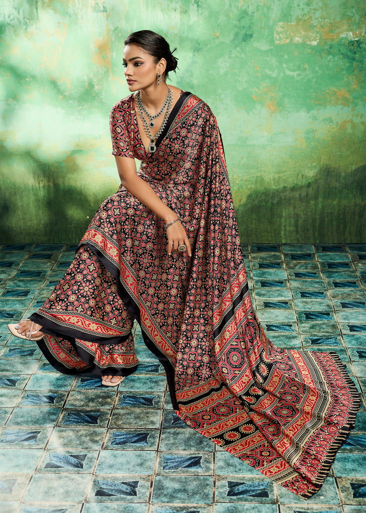 Black And Red Printed Satin Silk Saree