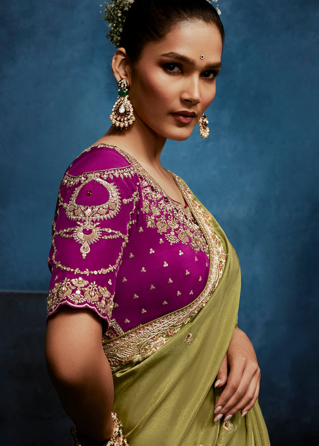 Mist Olive Embroidered Designer Tissue Saree