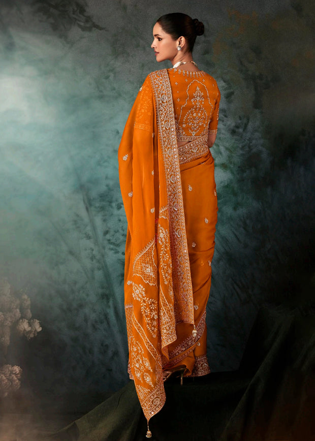 Poppy Orange Embroidered Designer Saree