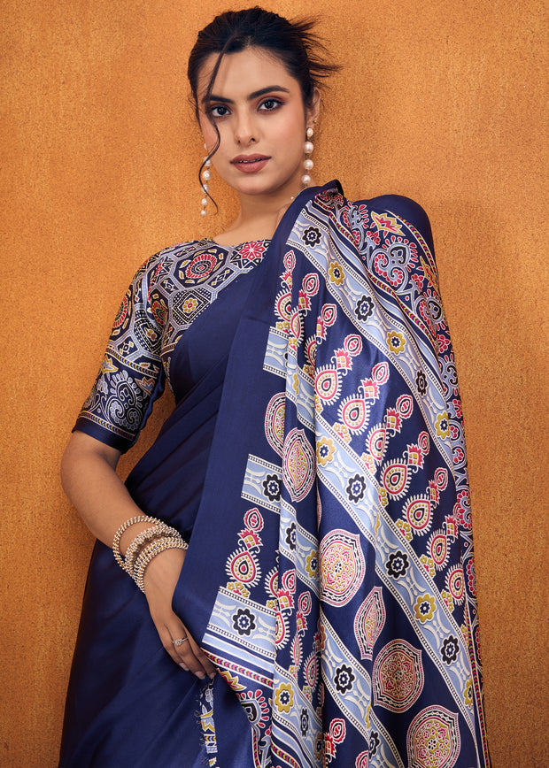 Mazarine Blue Satin Silk Saree with Ajrakh Printed Pallu and Blouse