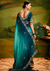 Peacock Blue Heavy Embroidered Designer Silk Saree With contrast Blouse