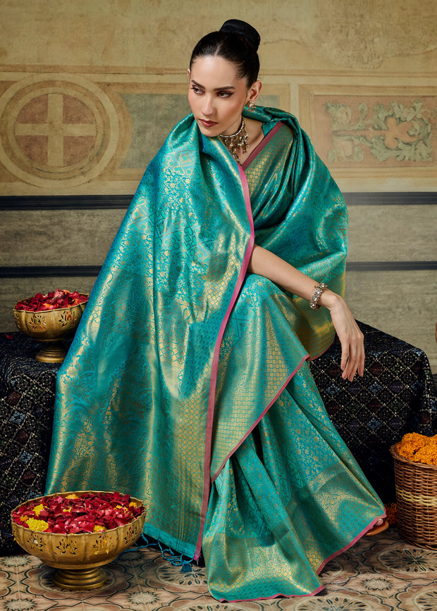 Teal Green Woven Banarasi Silk Saree