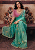 Sea Blue Designer Organza Saree With Embroidered Blouse