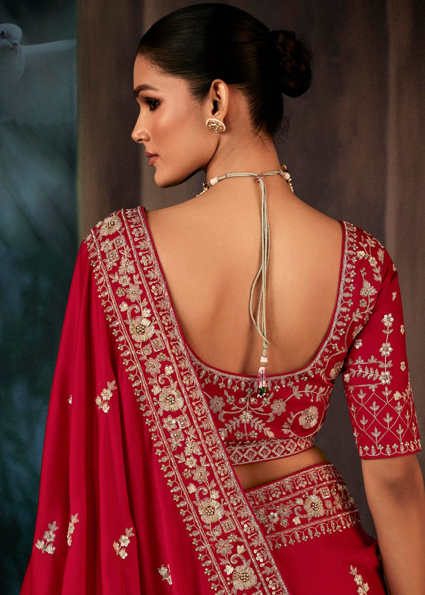 Flame Red Designer Embroidered Saree