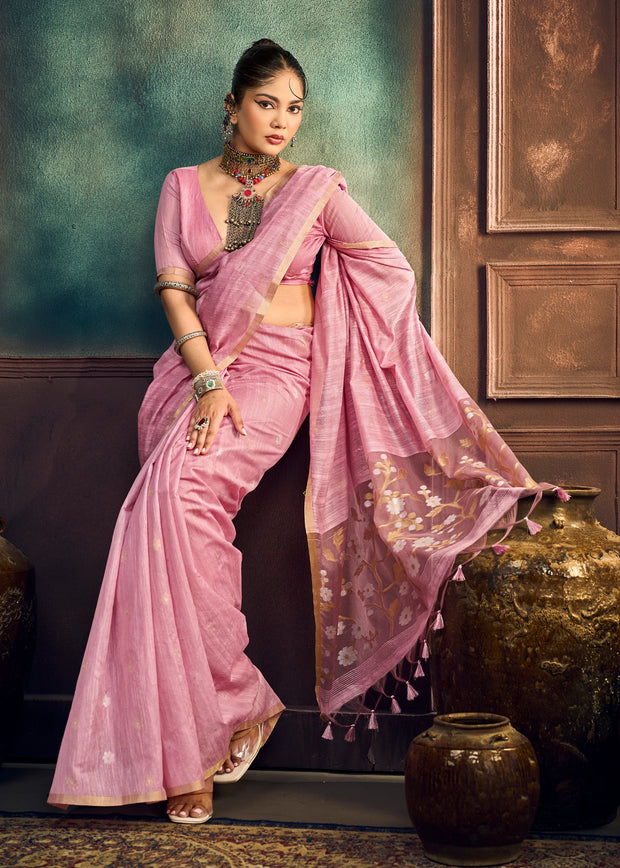 Onion Pink Woven Munga Cotton Silk Saree