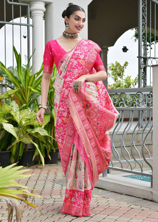 White & Pink Woven Banarasi Patola Silk Saree