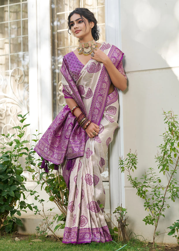 White And Purple Woven Banarasi Silk Saree