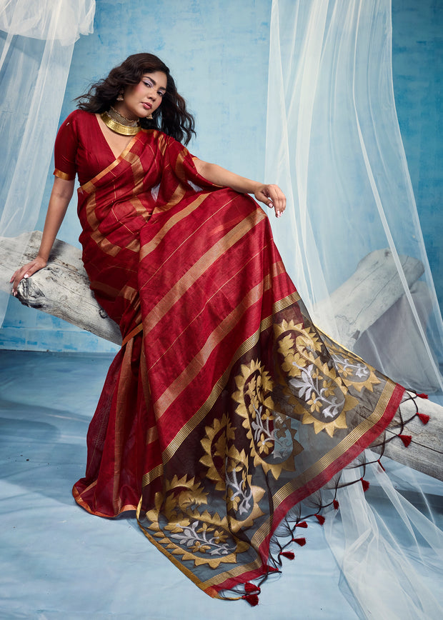 Red Woven Munga Cotton Saree