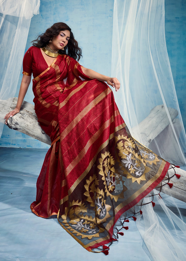 Red Woven Munga Cotton Saree