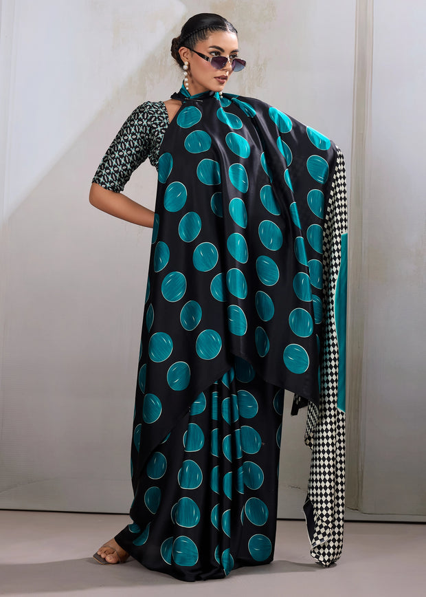Teal Blue Printed Satin Silk Saree