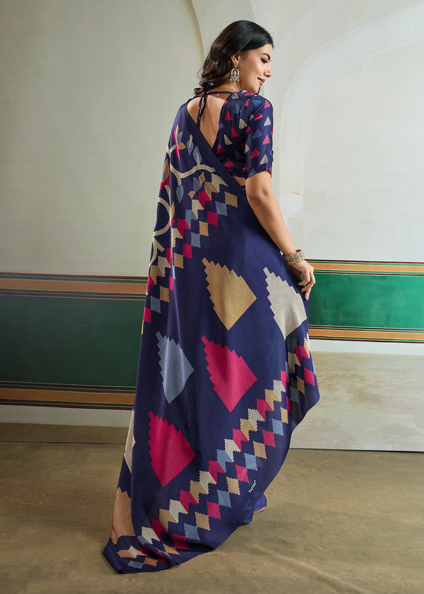 Twilight Blue Printed Satin Silk Saree