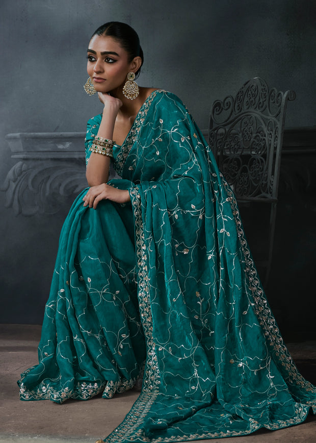 Teal Blue Embroidered Designer Saree