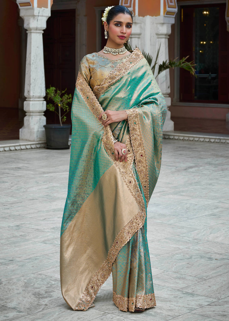 Rama Green Bead Work Kanjivaram Soft Silk Saree