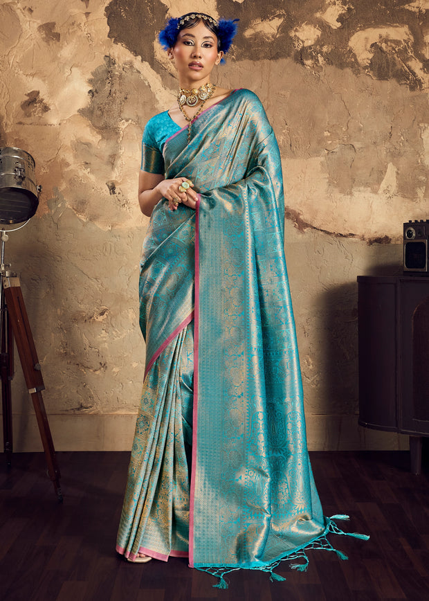Firozi Blue Woven Kanjivaram Silk Saree