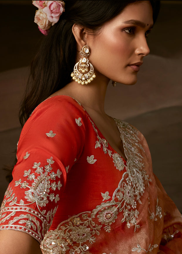 Peachy Orange Embroidered Designer Organza Saree