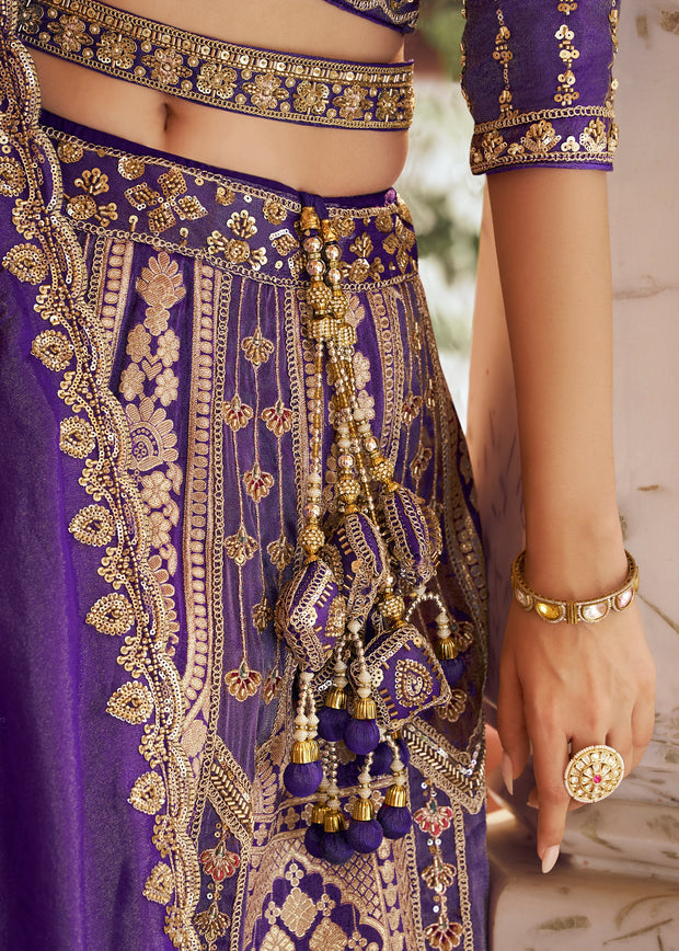Purple Banarasi Silk Embroidered Lehenga