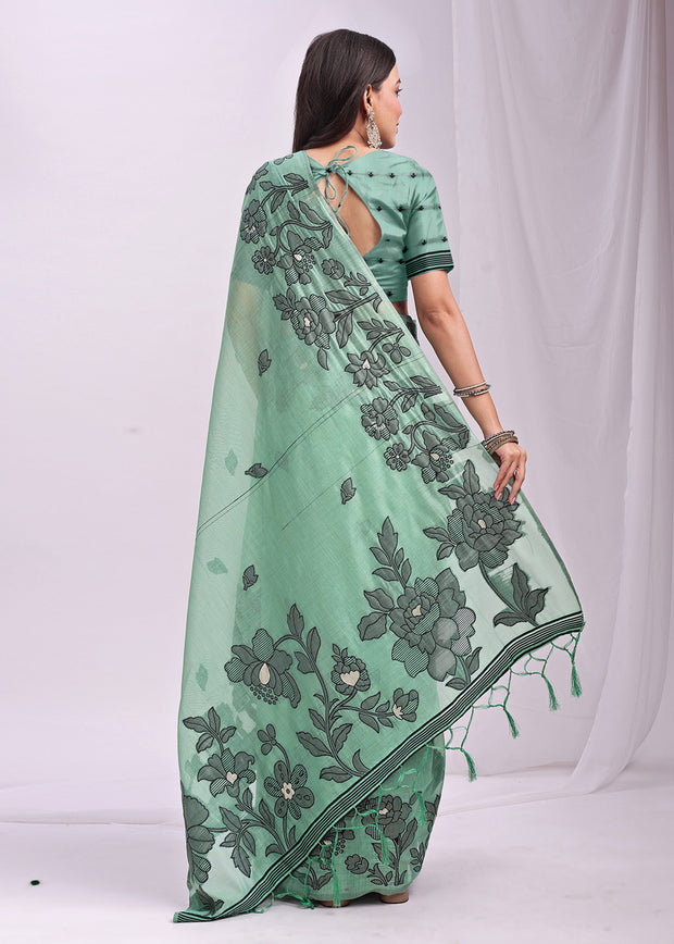 Sea Green Woven Cotton Linen Silk Saree