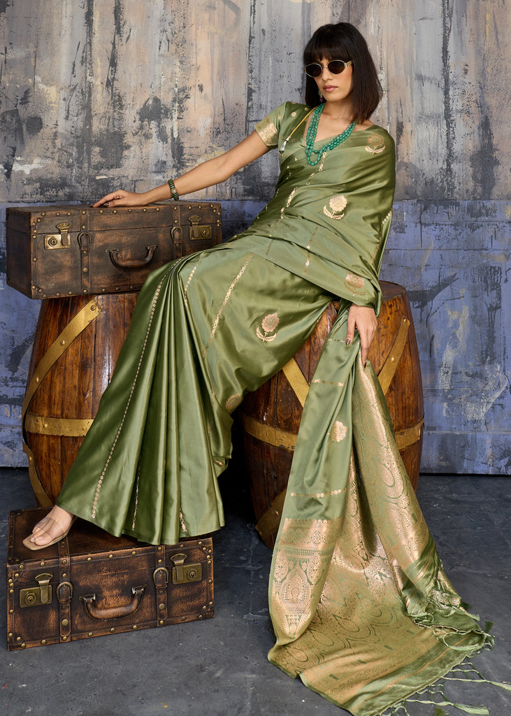 Kiwi Green Woven Banarasi Satin Silk Saree