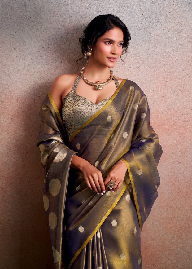 Golden Green Woven Tissue Silk Saree