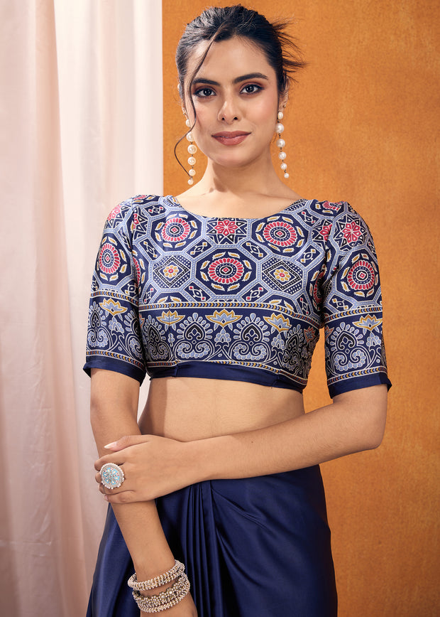 Mazarine Blue Satin Silk Saree with Ajrakh Printed Pallu and Blouse