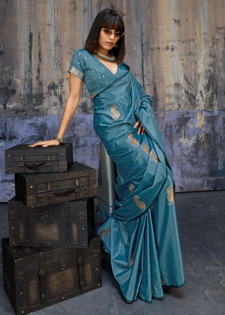 Dusky Blue Woven Banarasi Satin Silk Saree