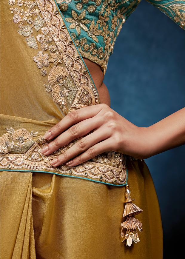 Misted Yellow Embroidered Designer Tissue Saree