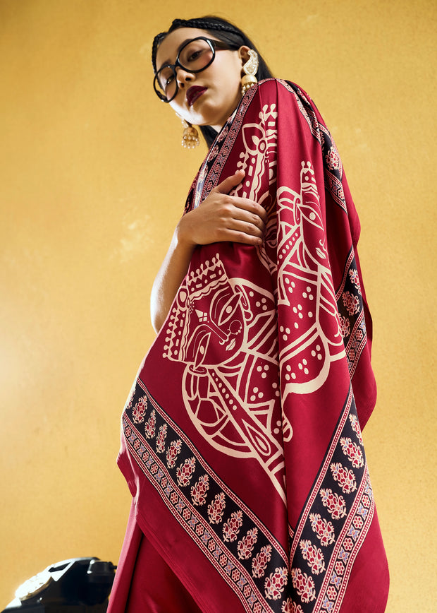 Red Satin Silk Saree with Ajrakh Printed Pallu and Blouse