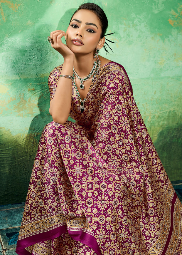Purple Printed Satin Silk Saree