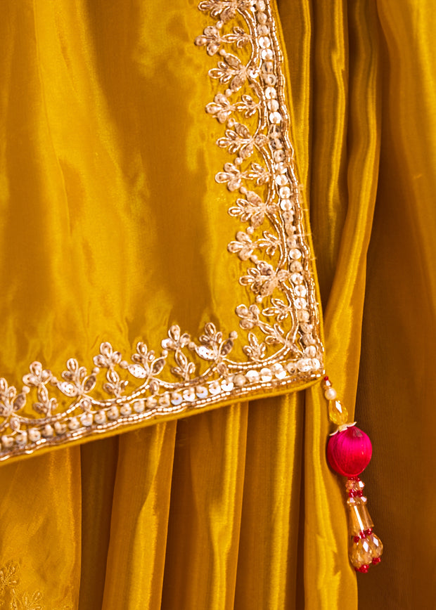 Mustard Yellow Embroidered Soft Silk Saree With Contrast Blouse