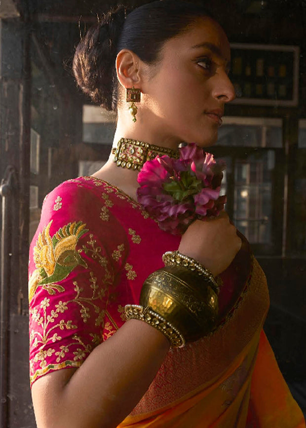 “Exclusive Offer” : Zinnia Orange Woven Embroidered Banarasi Silk Saree