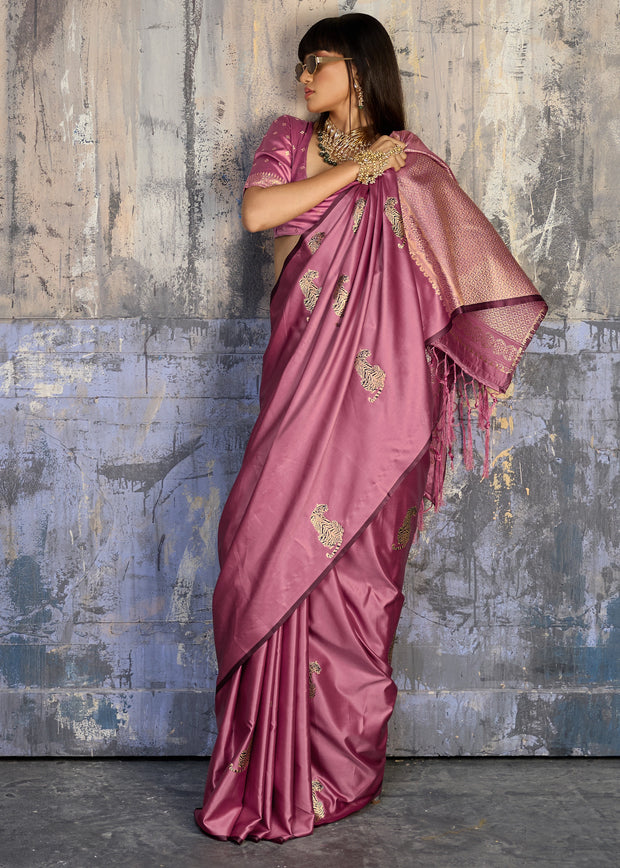Mauve Pink Woven Banarasi Satin Silk Saree
