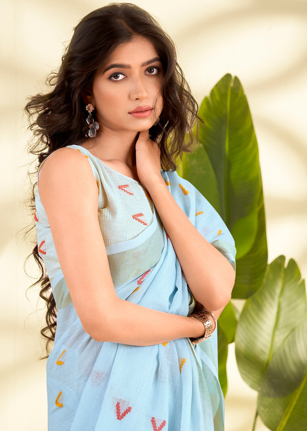 Sky Blue Woven Linen Silk Saree