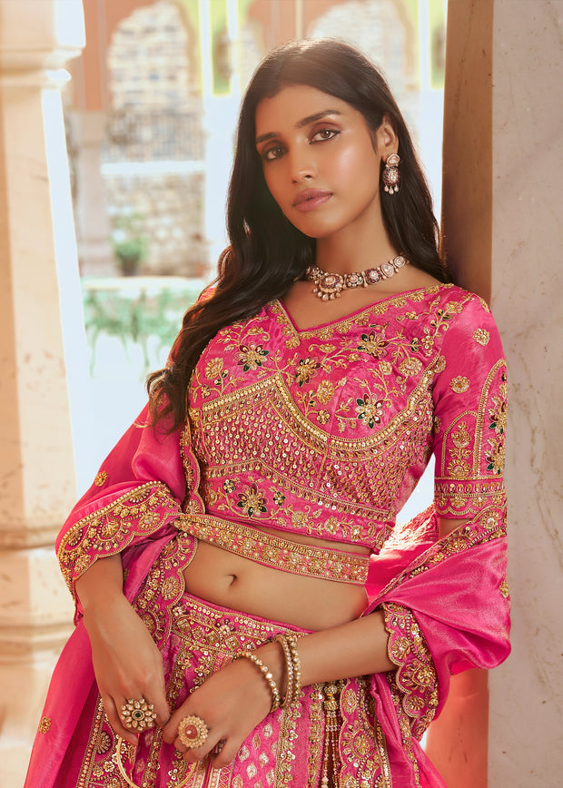 Pink Banarasi Silk Embroidered Lehenga