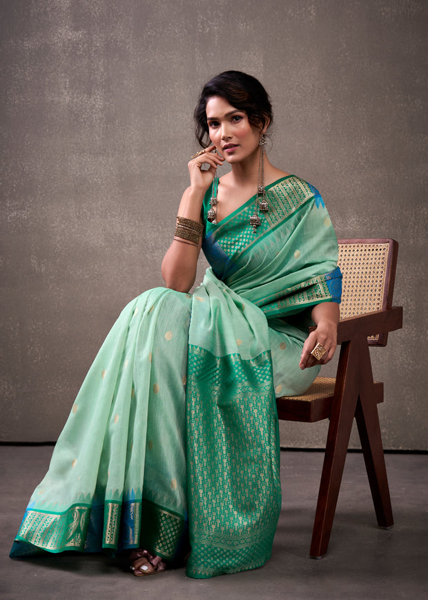 Ice Green Woven Banarasi Cotton Silk Saree