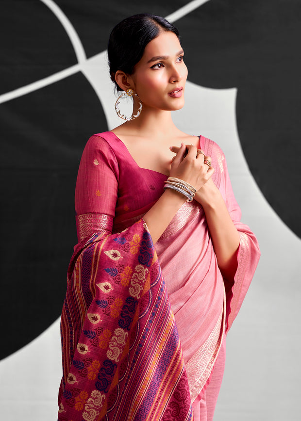 Flamingo Pink Woven Linen Cotton Silk Saree