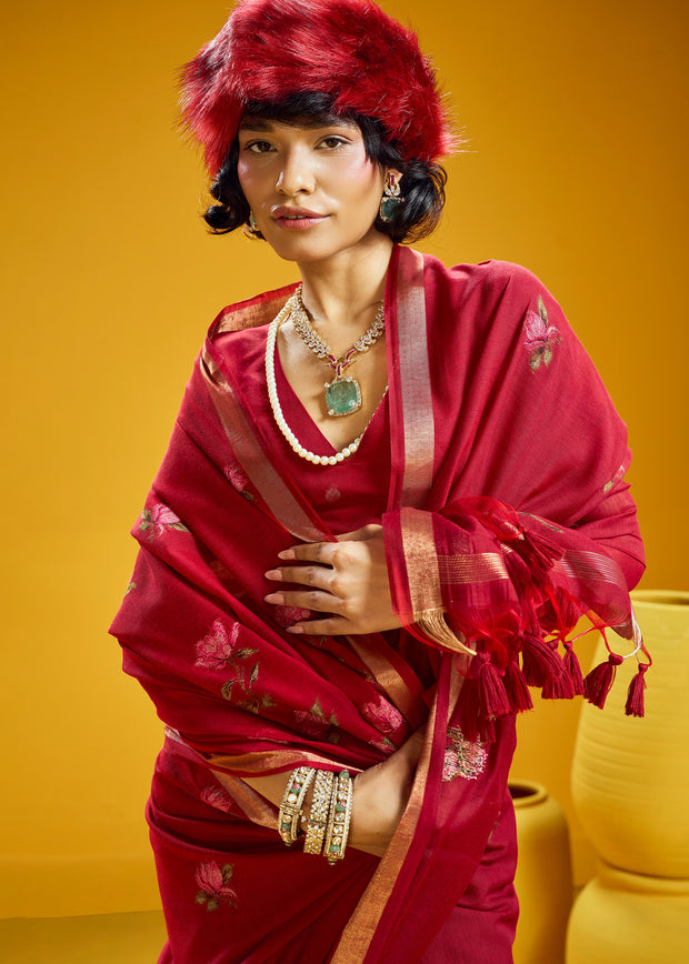 Festive Red Woven Munga Cotton Silk Saree