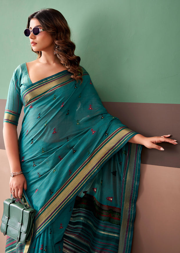 Teal Blue Woven Cotton Silk Saree