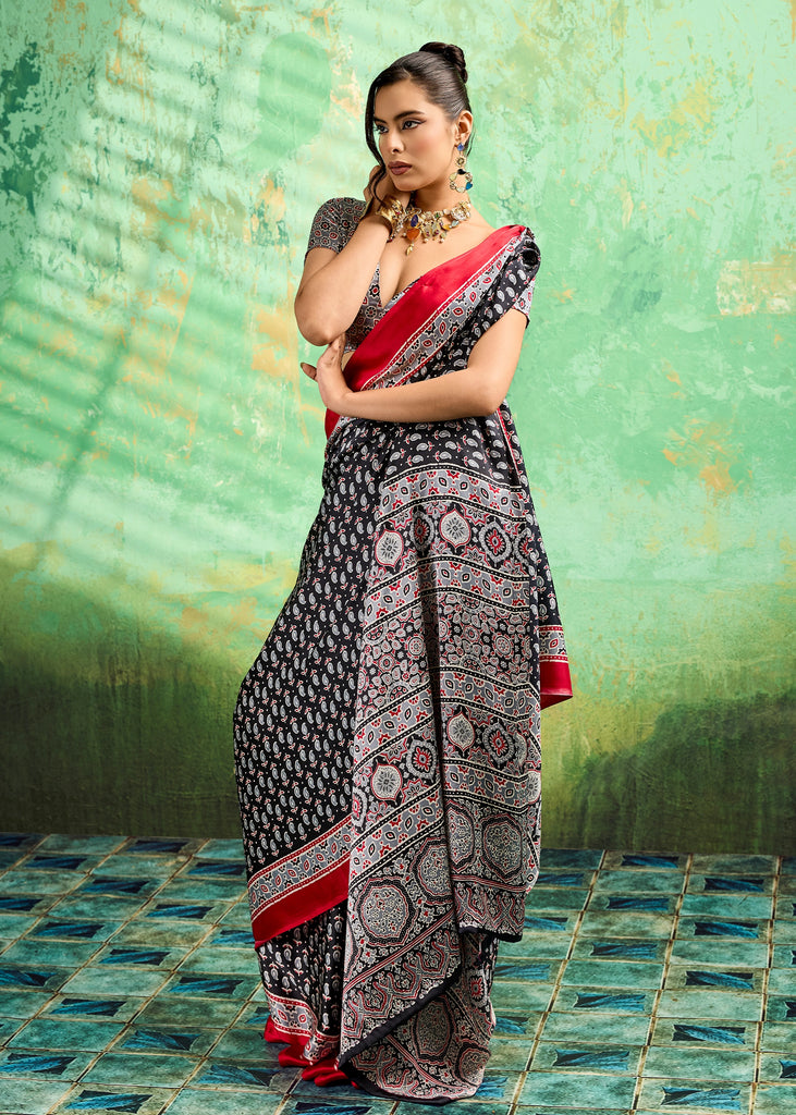 Black Printed Satin Silk Saree