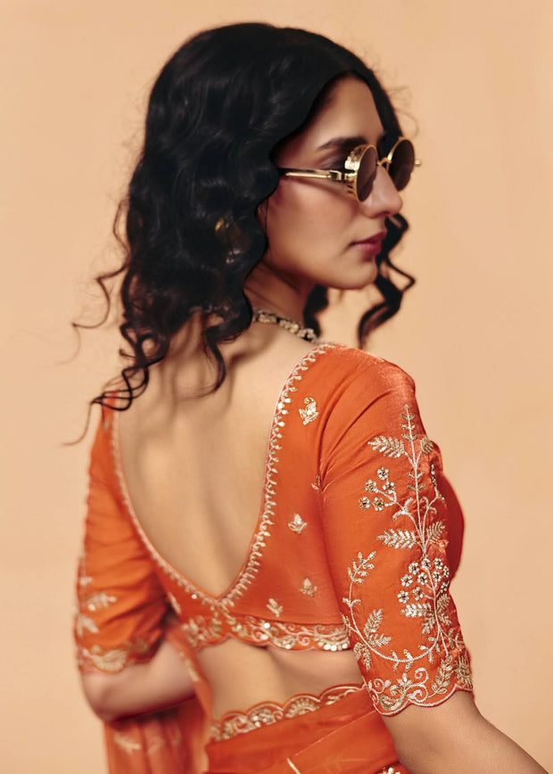 Burnt Orange Embroidered Designer Tissue Saree