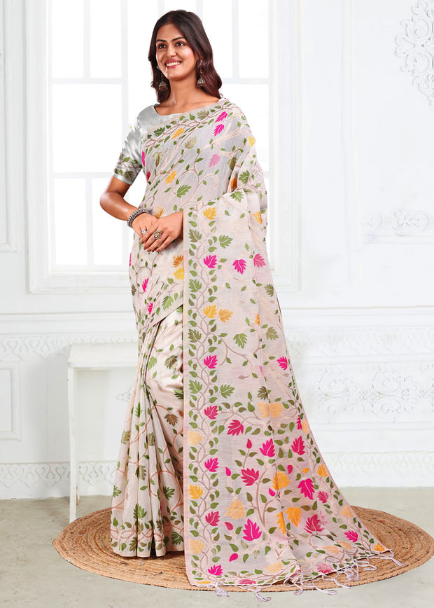 Moon White Woven Linen Cotton Silk Saree