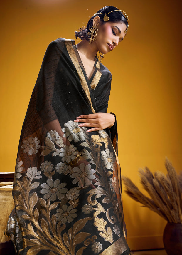 Jet Black Woven Cotton Silk Saree