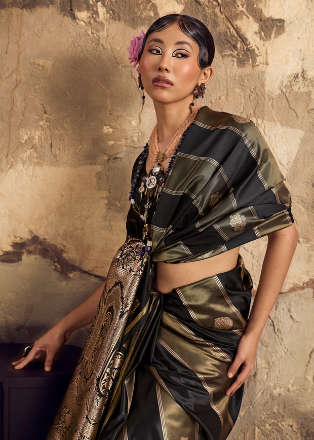 Black And Golden Rangkat Satin Silk Saree