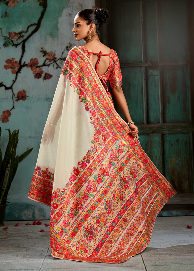 Creamy White Woven Cotton Kashmiri Jamewar Saree